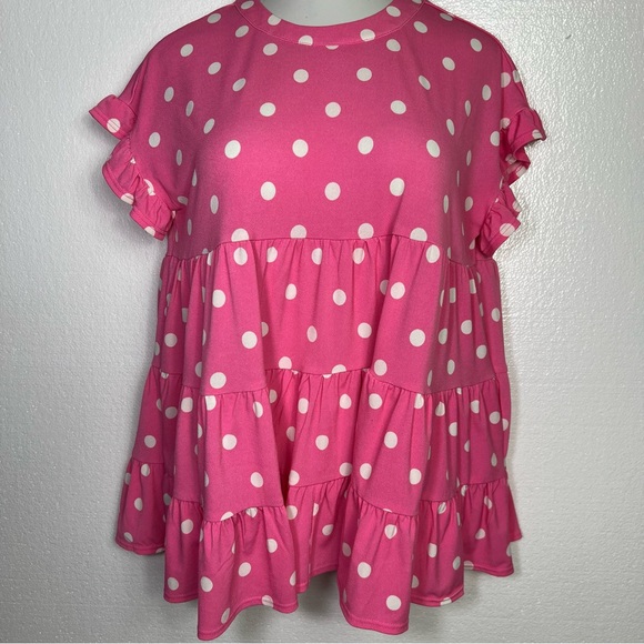 Versona Tops - Versona fun polka dot pink white ruffle roomy blouse size L